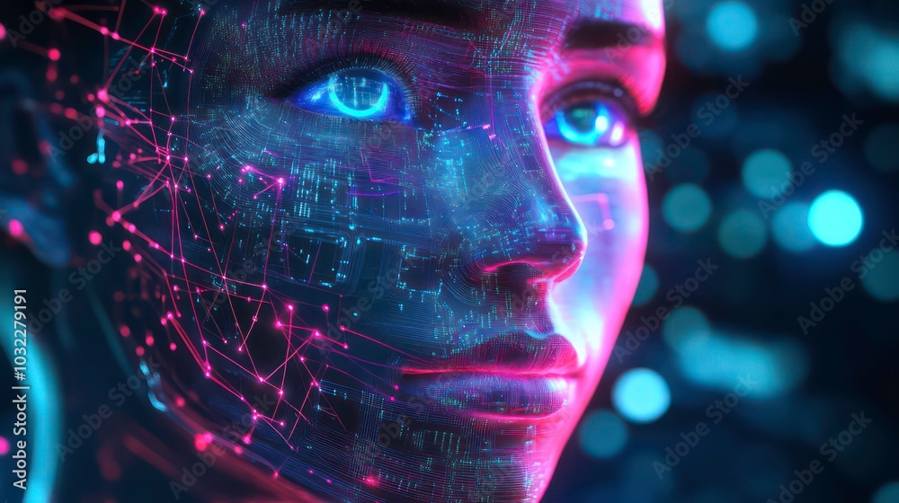 A close-up of a digital rendering of a female face with neon lights and intricate lines forming a network around her features. A close-up of a digital rendering of a female face with neon lights and intricate lines forming a network around her features.