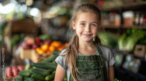 A little girl with a bright smile stands proudly in front of a colorful display of fresh produce.