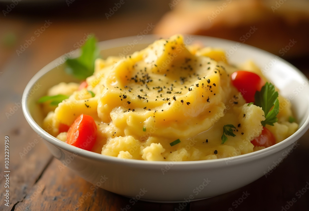 Creamy mashed potatoes topped with black pepper and garnished with fresh parsley and cherry tomatoes, served in white bowl. This comforting dish is perfect for any meal Creamy mashed potatoes topped with black pepper and garnished with fresh parsley and cherry tomatoes, served in white bowl. This comforting dish is perfect for any meal