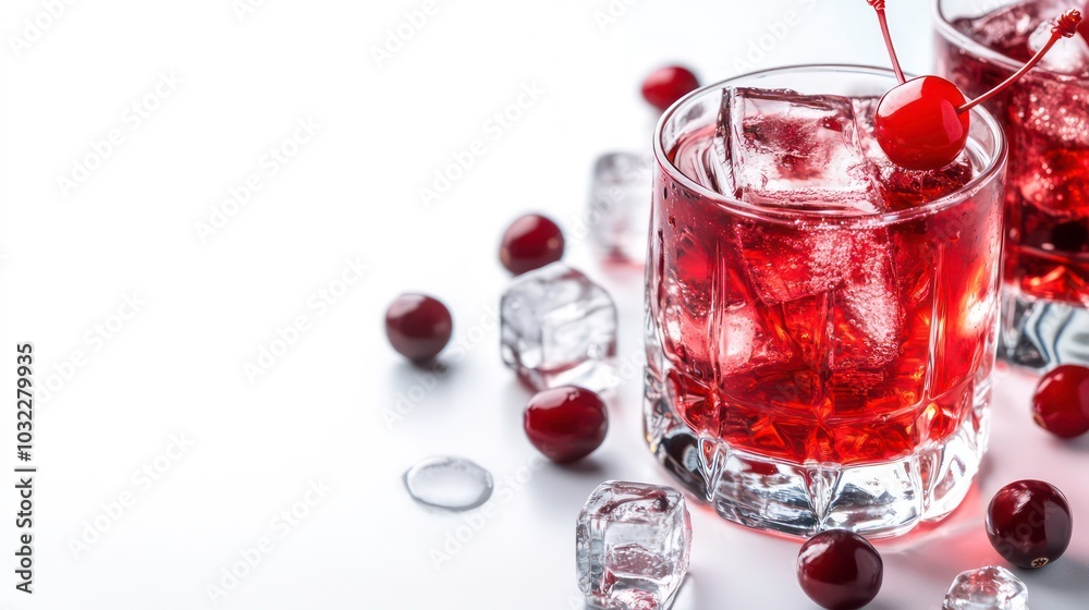 Two glasses of red cranberry juice with ice and cherries on a white background. Two glasses of red cranberry juice with ice and cherries on a white background.
