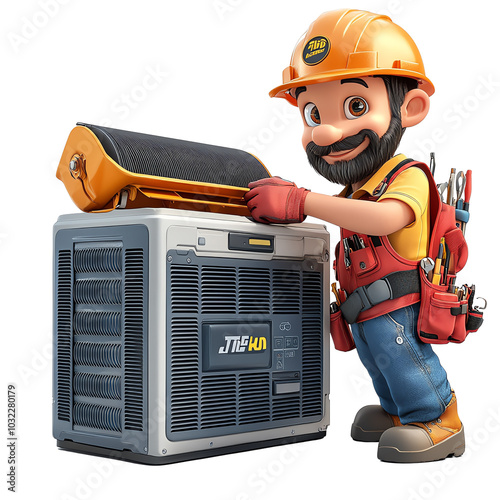 A cheerful technician in a hard hat is repairing an air conditioning unit, showcasing expertise in HVAC maintenance and service.
