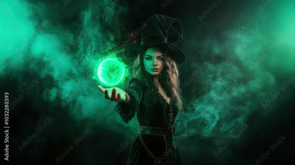 A witch is conducting magic with spell. A witch is conducting magic with spell.