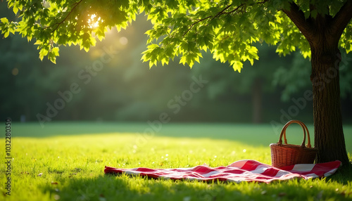 serene picnic scene under lush green tree, featuring red and white checkered blanket spread on grass, accompanied by wicker basket. warm sunlight filters through leaves, creating peaceful atmosphere