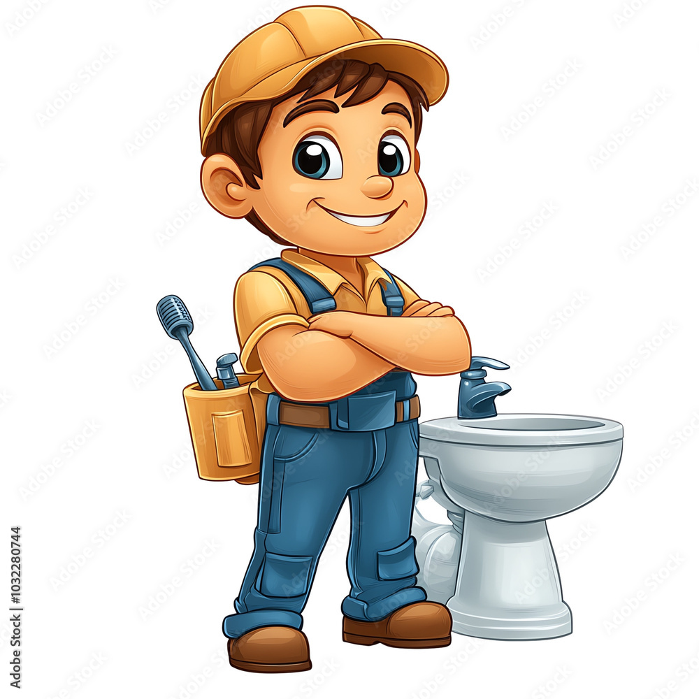 Cheerful cartoon plumber stands confidently beside a toilet, ready to ...