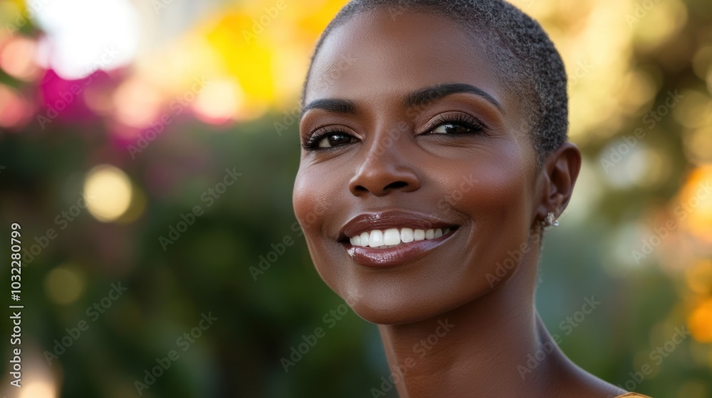 A woman with a radiant smile stands outdoors, surrounded by colorful foliage. A woman with a radiant smile stands outdoors, surrounded by colorful foliage.