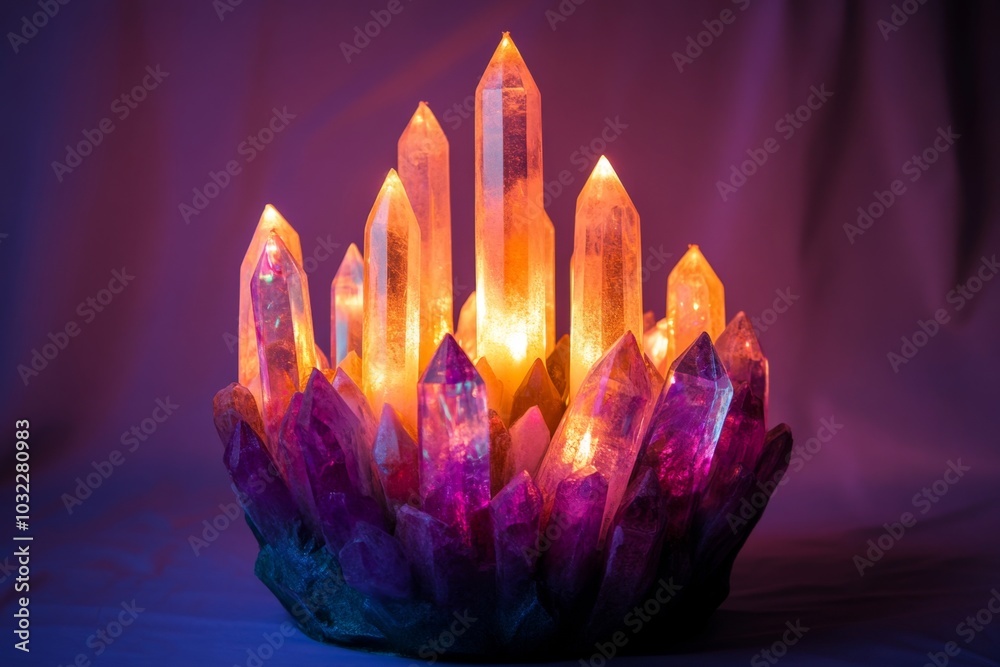 Glowing crystal cluster illuminating in multicolor ambience. Lamp Glowing crystal cluster illuminating in multicolor ambience. Lamp