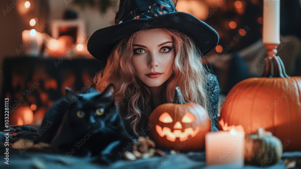 Beautiful witch with pumpkin. Halloween theme. Beautiful witch with pumpkin. Halloween theme.