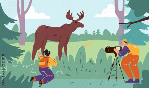 People quietly watch the elk.