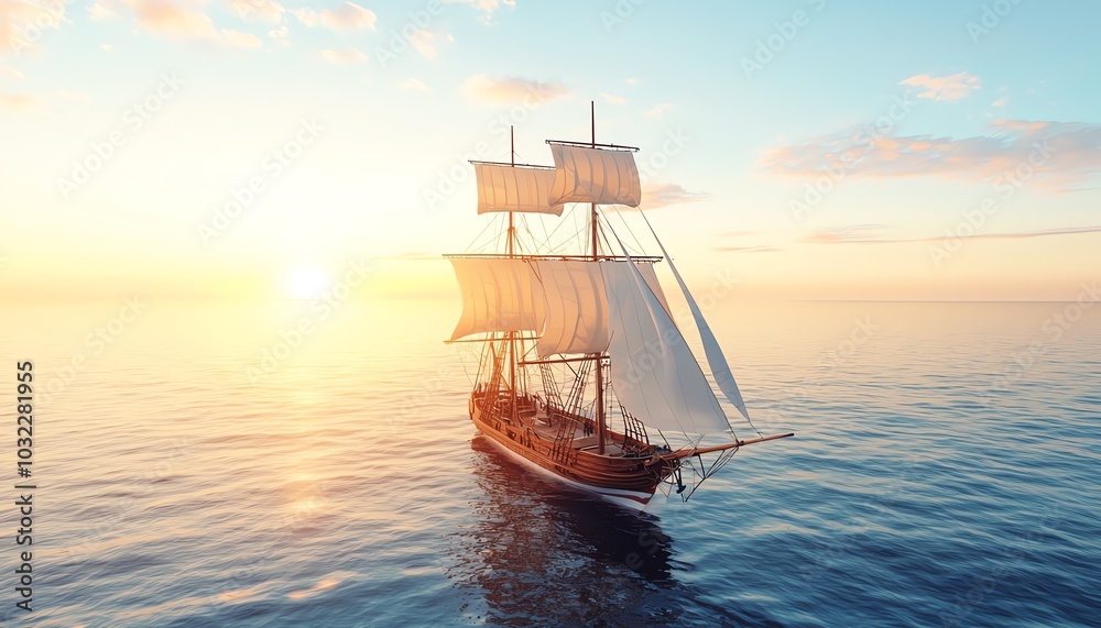 Obraz premium A majestic sailing ship gliding over calm ocean waters during a vibrant sunset.