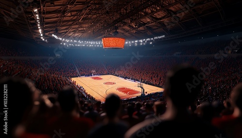 Spectacular view of a packed basketball arena during a game, featuring bright lights and an energetic atmosphere. photo