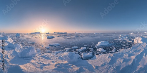 A beautiful blue sky with a sun setting in the background