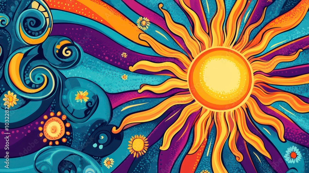 Abstract psychedelic illustration with a sun and colorful swirls and dots on a dark background. Abstract psychedelic illustration with a sun and colorful swirls and dots on a dark background.