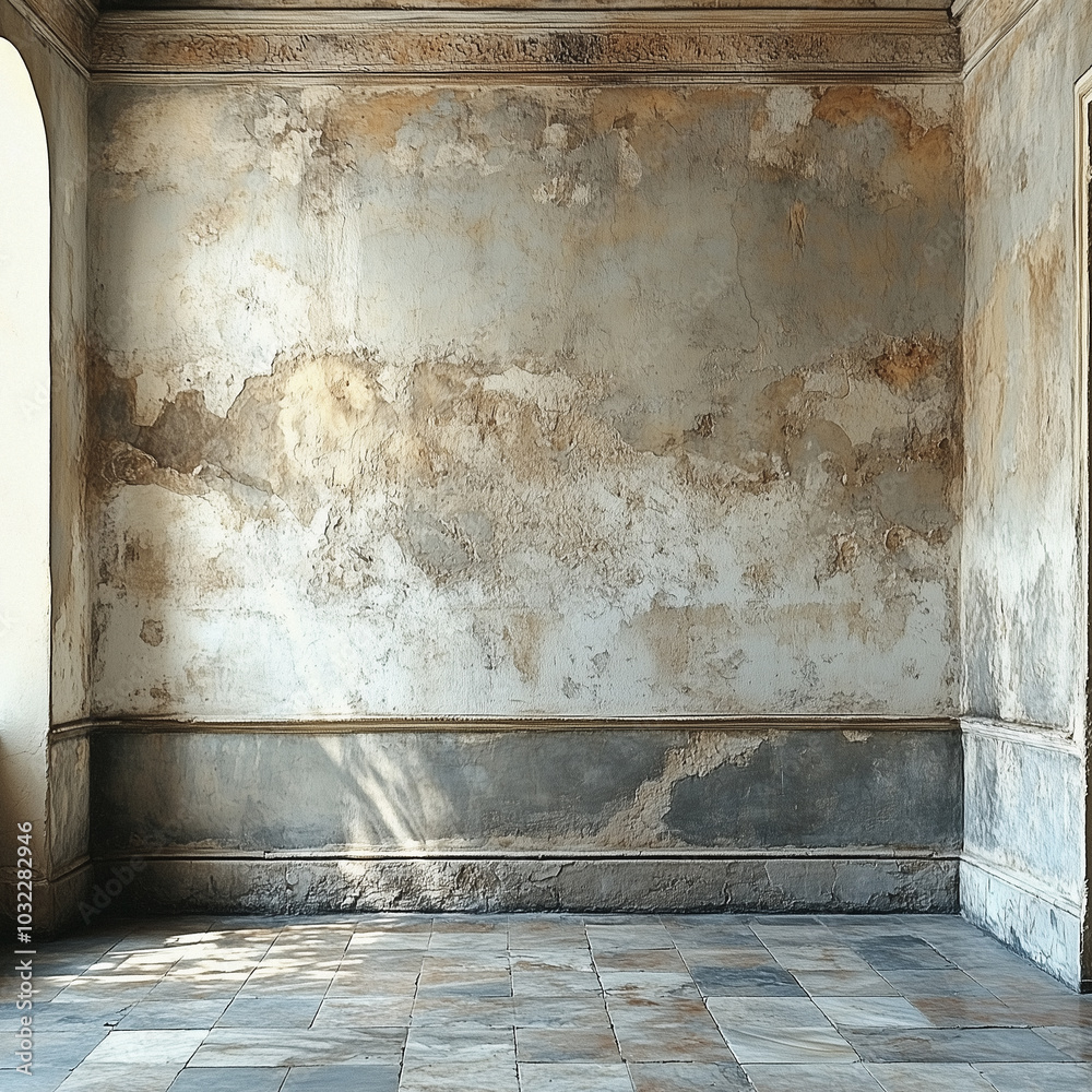 Fototapeta premium Alter römischer Raum mit authentischer Boden- und Wand-Textur, ideal für historische Visualisierungen und architektonische Projekte, inspiriert von der antiken römischen Architektur.