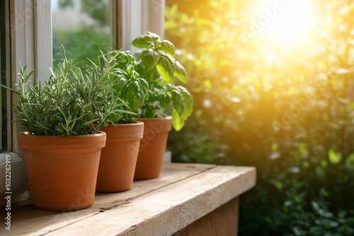 Three potted herbs basking in sunlight on a wooden surface.