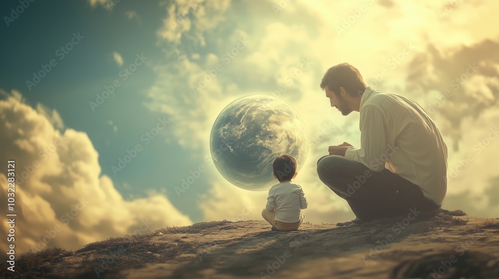 A father and son gazing at the floating Earth amidst a dramatic sky during twilight, capturing a moment of wonder and connection A father and son gazing at the floating Earth amidst a dramatic sky during twilight, capturing a moment of wonder and connection