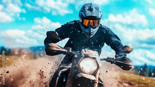 A dust-covered motorcyclist in full protective gear rides through rough, challenging terrain, gazing toward the horizon, capturing the moment of ultimate freedom and exploration. photo