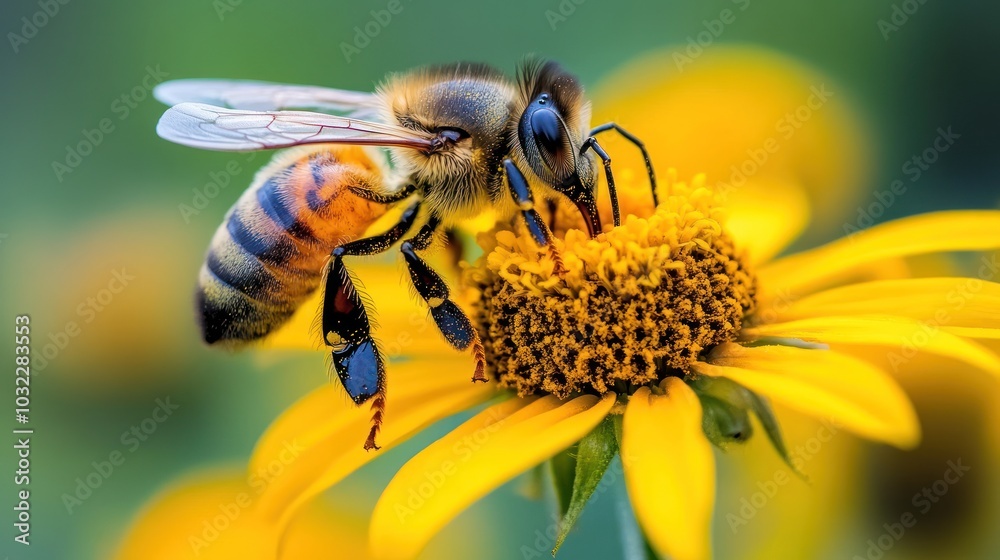 A close-up of a bee collecting nectar from a vibrant yellow flower. A close-up of a bee collecting nectar from a vibrant yellow flower.