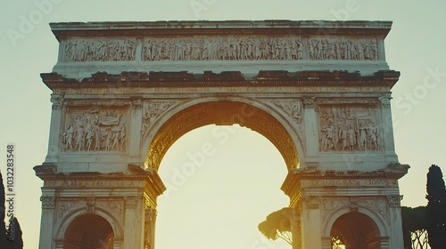 Arch of Constantine: A triumphal arch adorned with intricate reliefs, celebrating Emperor Constantine’s victory. The marble glows in the golden hour. 