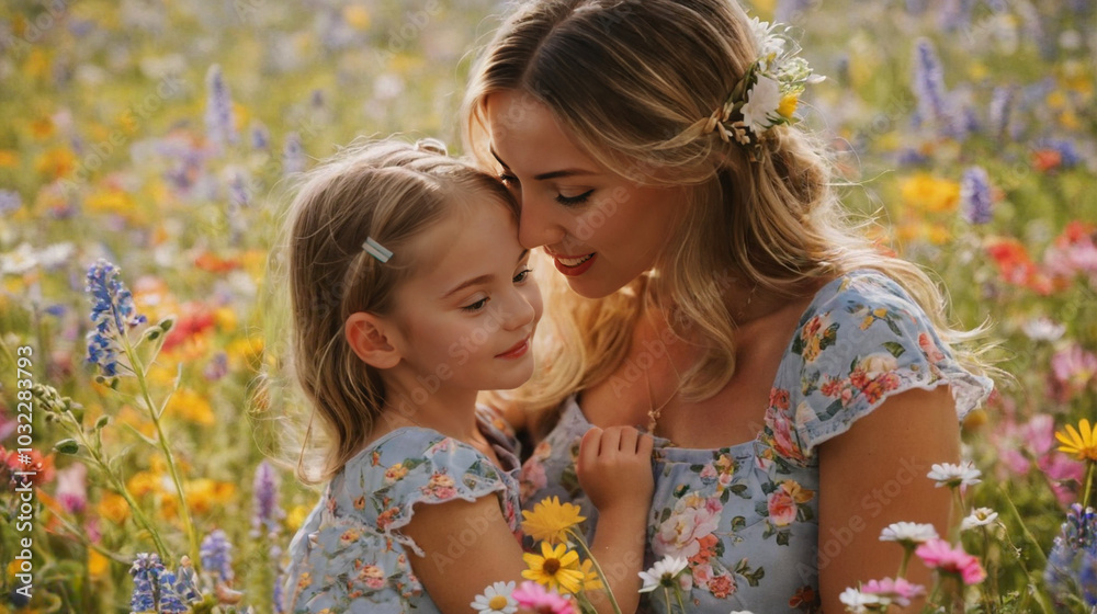 Joyful Reunion of Mother and Daughter in a Vibrant Springtime Wildflower Field Joyful Reunion of Mother and Daughter in a Vibrant Springtime Wildflower Field