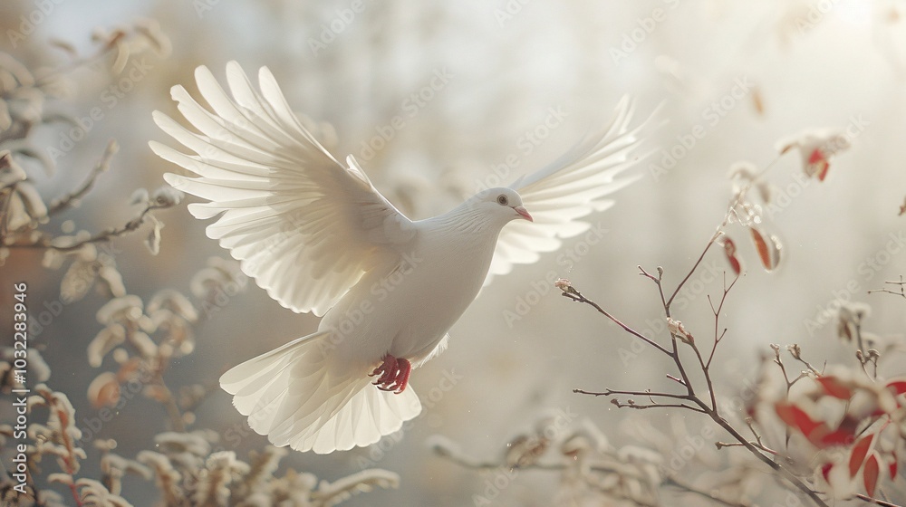 A beautiful white dove nestled among colorful flowers, creating a peaceful scene.