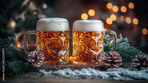 Beer mugs with froth, festive background