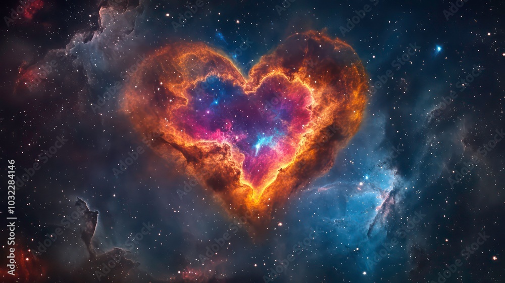 A heart-shaped nebula glows with vibrant colors against a backdrop of twinkling stars in the vast expanse of space. A heart-shaped nebula glows with vibrant colors against a backdrop of twinkling stars in the vast expanse of space.