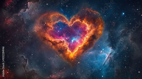 A heart-shaped nebula glows with vibrant colors against a backdrop of twinkling stars in the vast expanse of space.