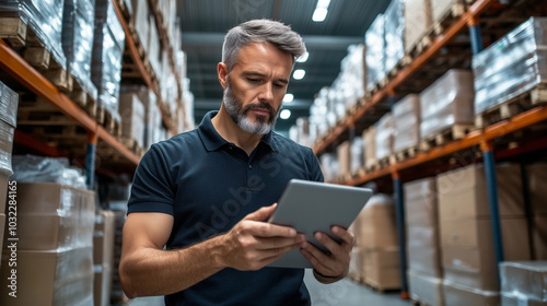 A middle-aged man uses a tablet to update inventory in a warehouse filled with stacked pallets and boxes, warm natural lighting enhancing the industrial yet modern feel of the spac