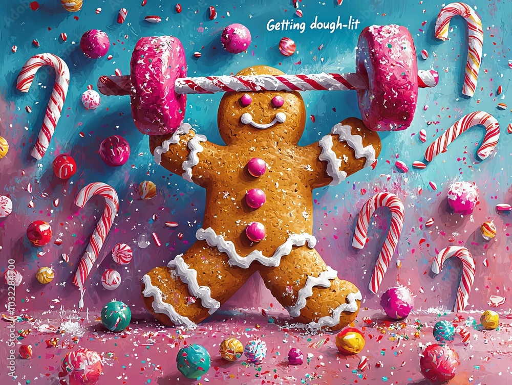 Gingerbread man lifting candy weights, colorful background