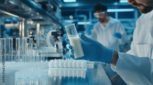 A close-up shot of a hand holding a test tube filled with milk, showing layers of stratification, while a food scientist works in the background with advanced lab equipment surroun photo