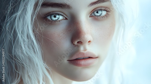 A beautiful girl with white hair, light eyes, porcelain skin, and pale color tones