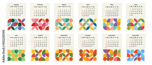 2025 calendar with 12-month sheet design. Week starts on Sunday. Desk calendar 2025 design. Vector illustration