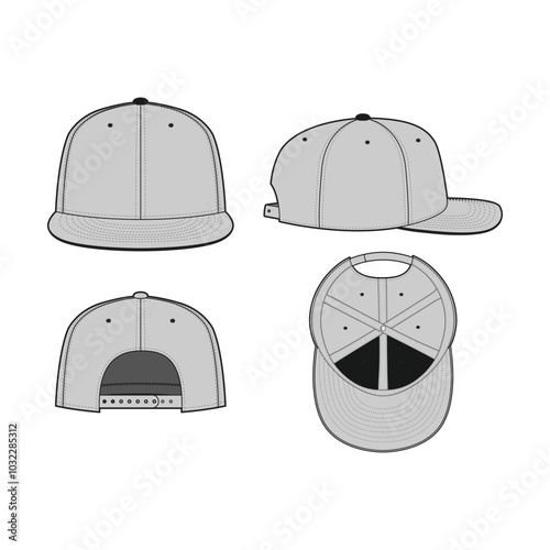 6-Panel Snapback Cap & Fitted Cap Vector Technical Drawing – Blank Streetwear Hat Mock-up Template for Design, CAD Tech Packs, Brim Baseball Cap Illustration