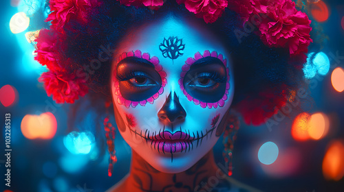 Graceful Mexican Female Model with Traditional Catrina Makeup and Floral Crown for DÝa de los Muertos Celebration photo