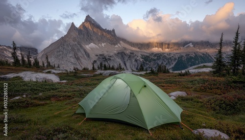 A green tent set against a stunning mountainous landscape at sunset, showcasing nature's beauty and outdoor adventure.