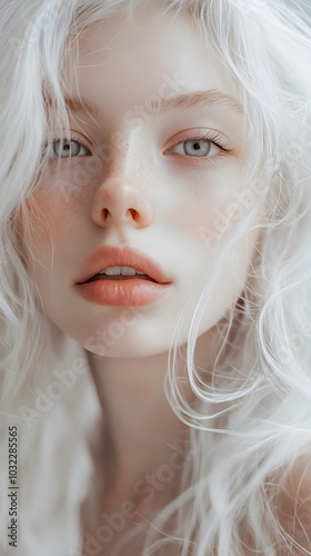 A beautiful girl with white hair, light eyes, porcelain skin, and pale color tones