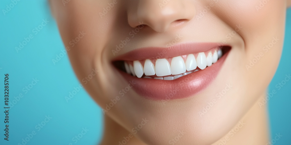 Fototapeta premium The bright white smile of a woman, her lips parted to reveal perfect teeth, set against a serene blue background, symbolizing dental health and self-confidence.
