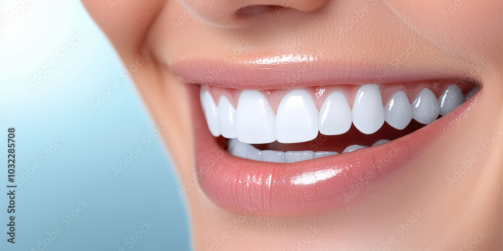 Obraz premium Close-up of a woman's wide, healthy smile with bright white teeth, with a soft blue blur in the background, enhancing the feeling of confidence, freshness, and dental care.