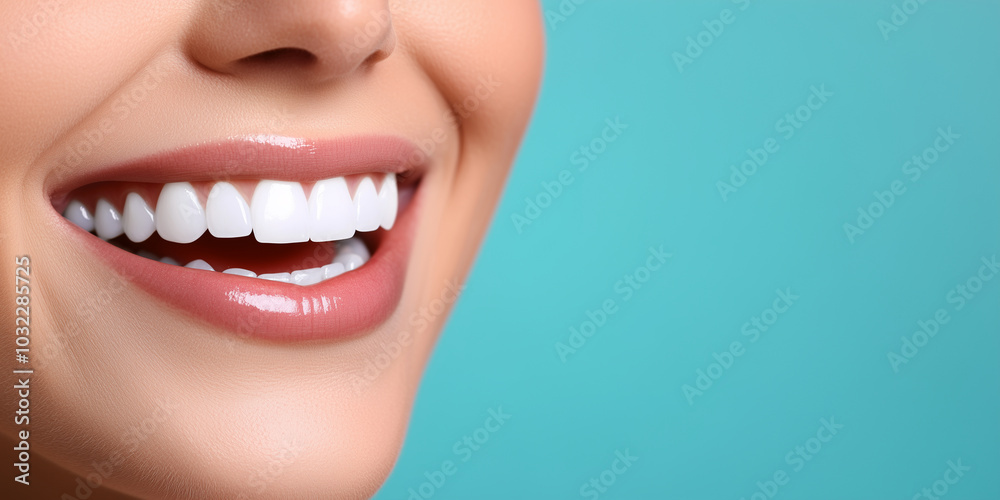Obraz premium A stunning close-up of perfectly white teeth, a womanâs smile glowing with health and confidence against a softly blurred blue backdrop, highlighting dental care and beauty.