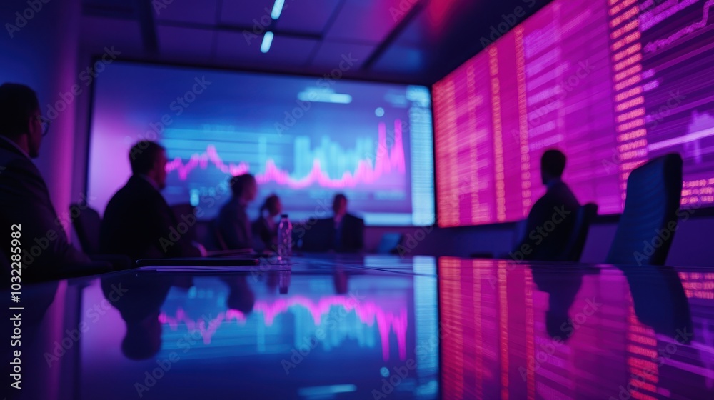 Business people in a conference room with a large screen displaying a stock market graph and financial data.
Business people in a conference room with a large screen displaying a stock market graph and financial data.