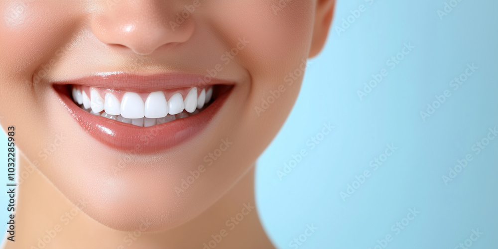 The joyful, bright smile of a woman showing her perfect white teeth, with a softly blurred blue gradient in the background, evoking feelings of confidence and beauty.
