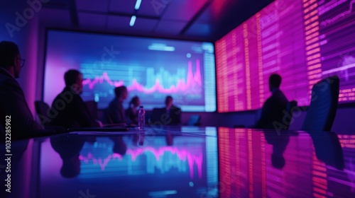  Business people in a conference room with a large screen displaying a stock market graph and financial data. 