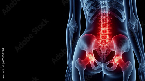 X-ray of a human lumbar joint with red color highlighting inflammation