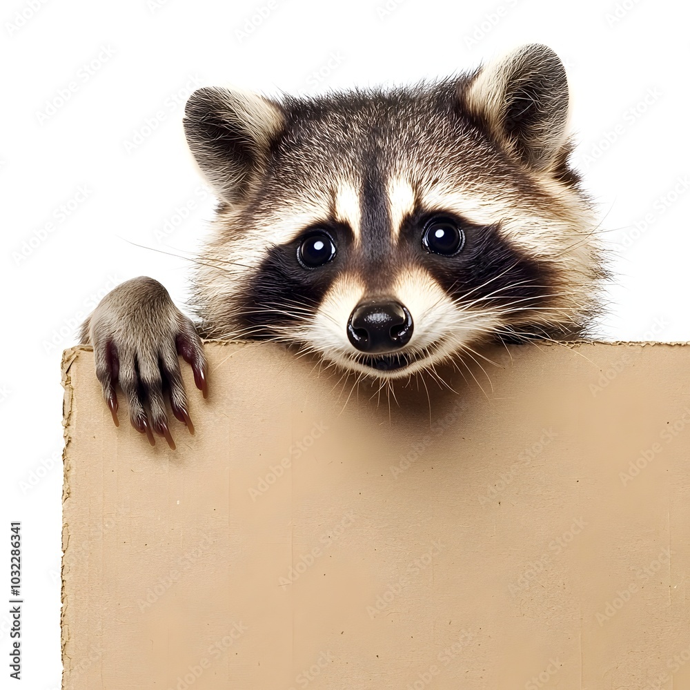 Obraz premium Mischievous Raccoon Peeking from Blank Cardboard Sign with Copy Space