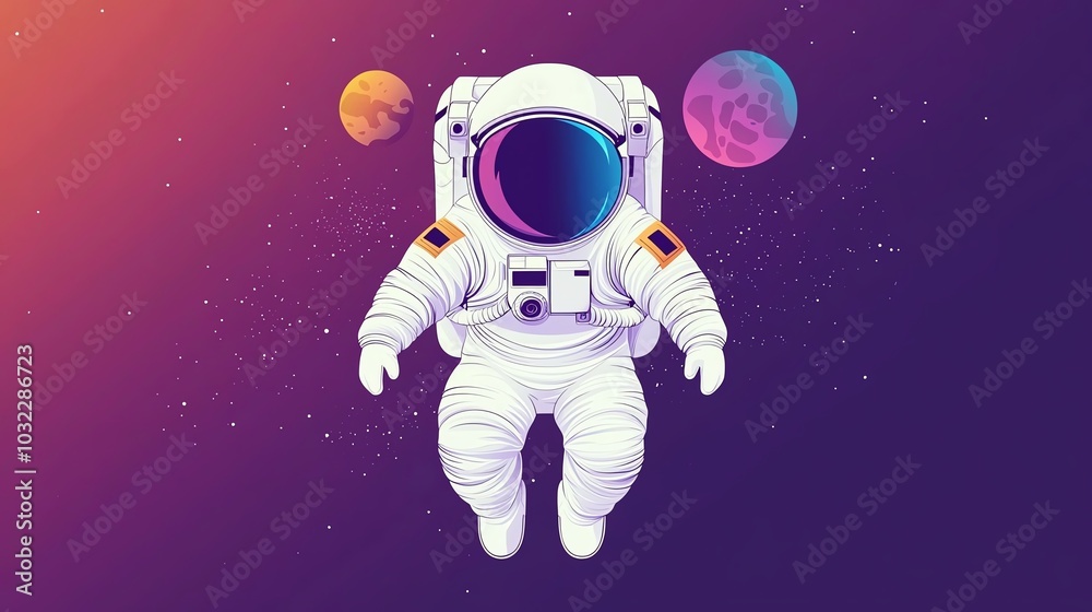 An astronaut floats in space surrounded by colorful planets and a starry background. An astronaut floats in space surrounded by colorful planets and a starry background.