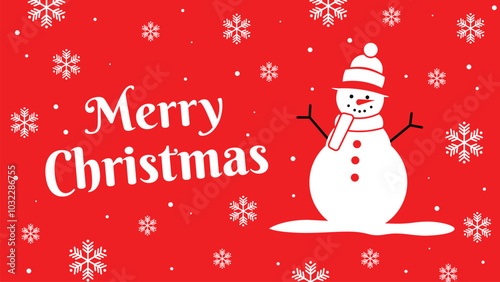 Christmas card design, festive snowman holiday greeting and a white snowflkes on a vibrant red background.