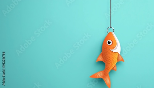 An orange fish hanging on a hook against a solid turquoise background, representing leisure and relaxation. photo