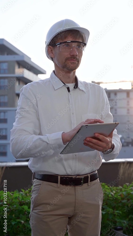 Man an architect or construction engineer, wearing a white shirt and hard hat, is using a digital tablet while inspecting a building site at sunrise, front and vertical view Man an architect or construction engineer, wearing a white shirt and hard hat, is using a digital tablet while inspecting a building site at sunrise, front and vertical view