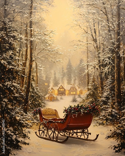 Vintage Red Sleigh in Snowy Village - Traditional Christmas Painting