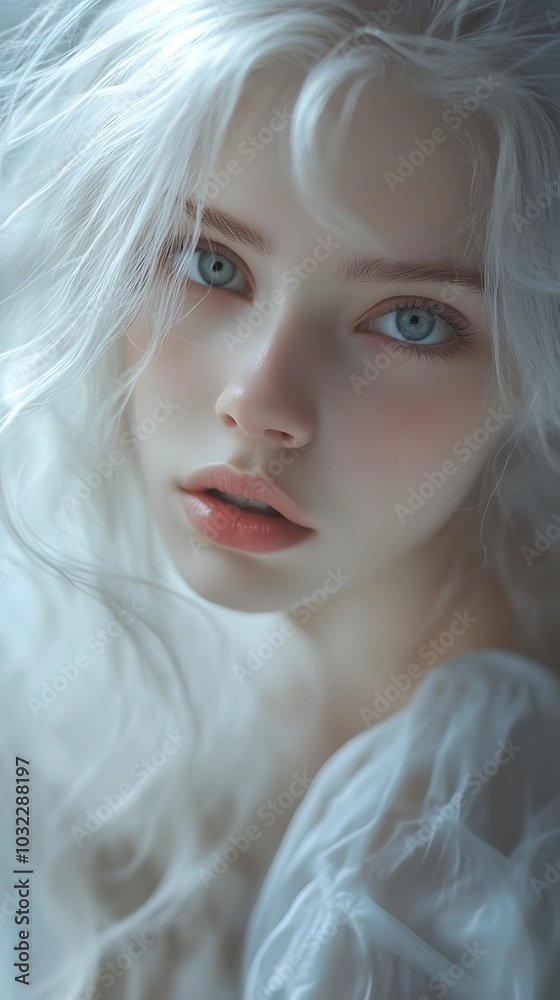 A beautiful girl with white hair, light eyes, porcelain skin, and pale color tones